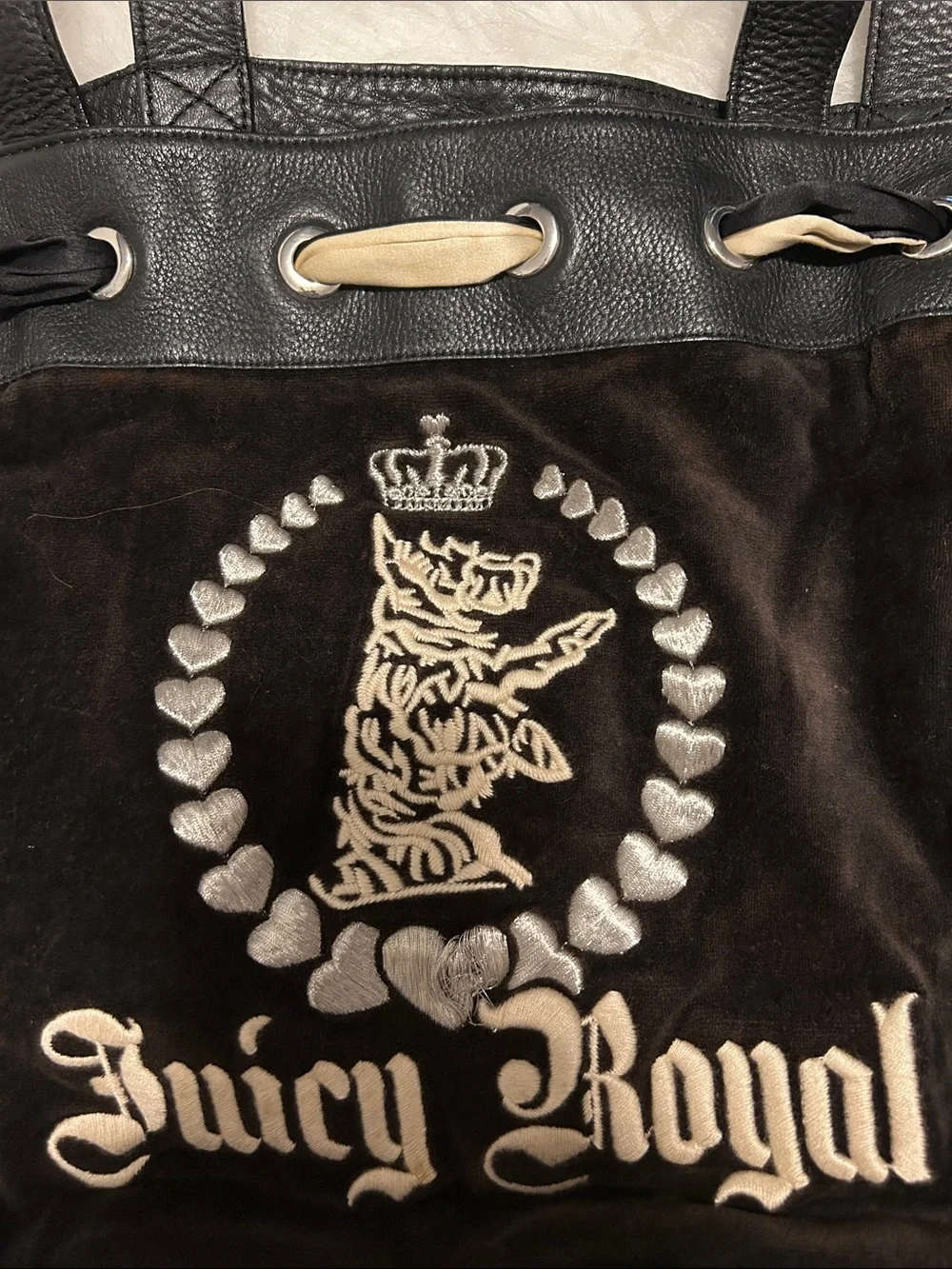 Juicy Couture Brown velvet and Black leather trim Tote with Cream Accents
